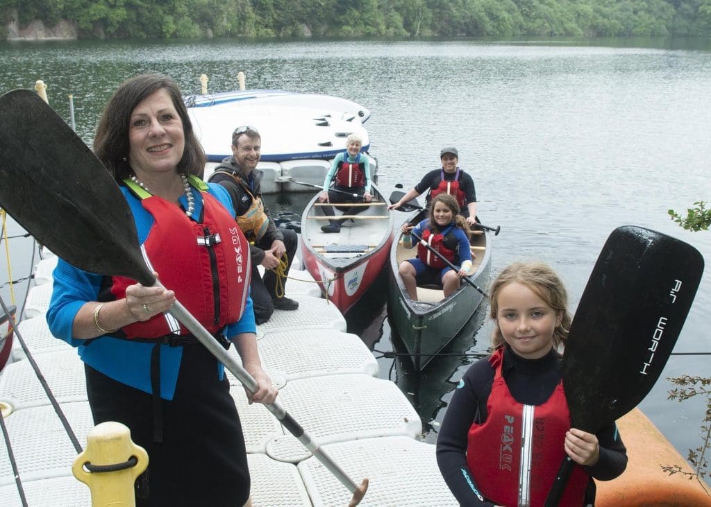 Depute Lord Provost, Councillor Jennifer Stewart with participants and instructors at a canoeing session